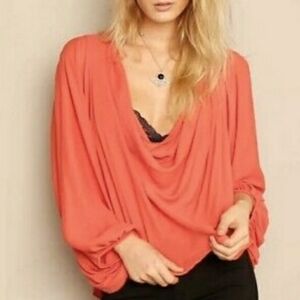 Free People Coral Colored Draped Cowl Neck Blouse with Balloon Sleeves fits S-L